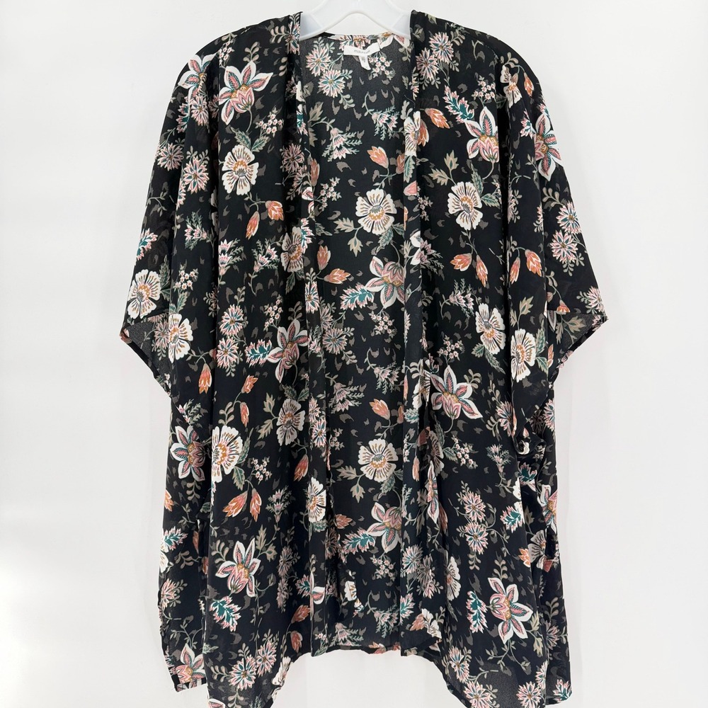 MAURICES Floral Kimono Wrap Black Pink Teal Open Front Sheer Chiffon Cardigan